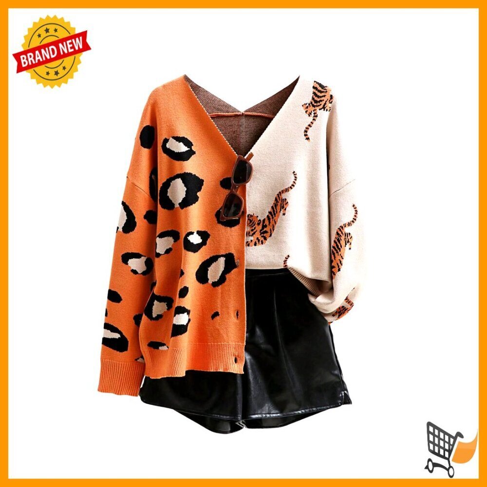 Leopard Print Cardigan V-Neck Long Sleeve Button Down Sweater Oversized Chic